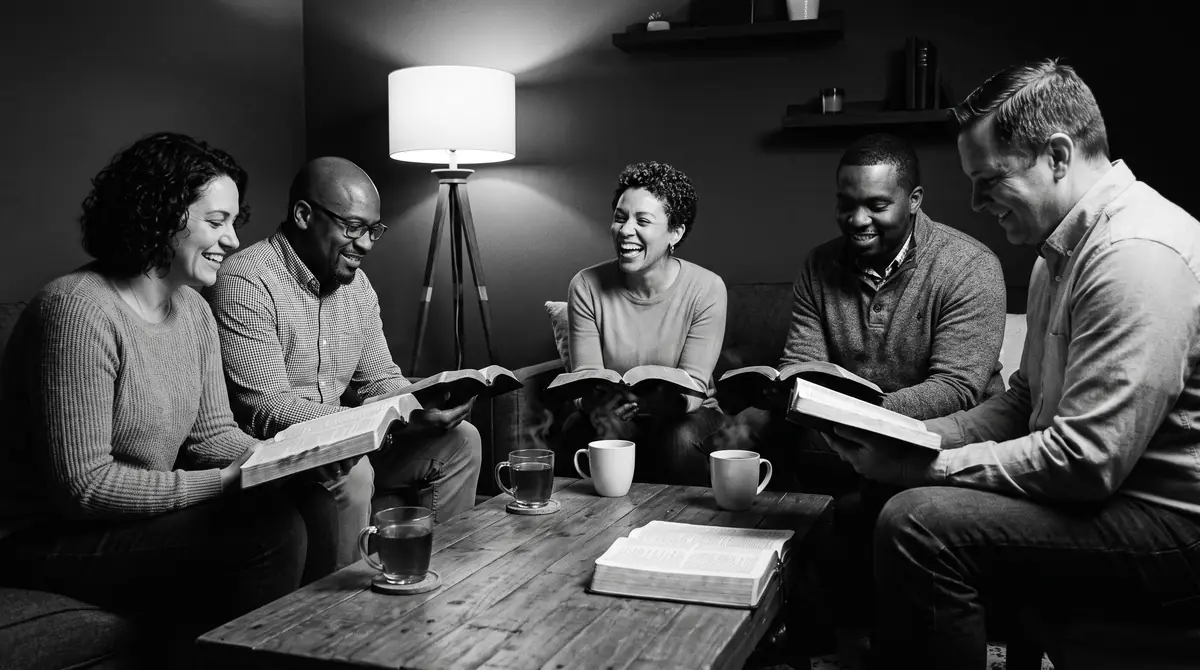 A small group Bible study laughing together