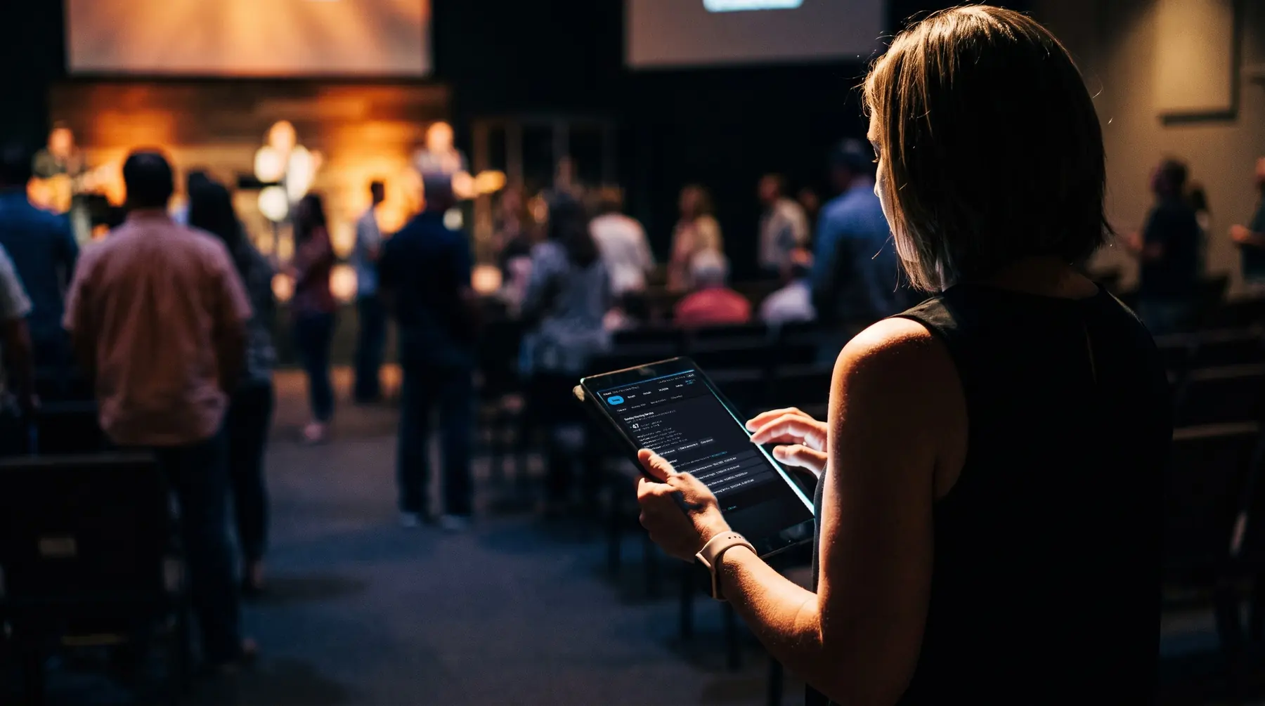 An attendance coordinator at the back of a dim sanctuary holds an iPad showing Attend's live check-in count as people find their seats