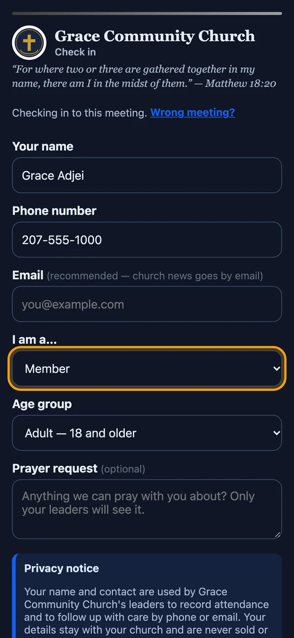 The check-in form, filled in with a member's name and phone