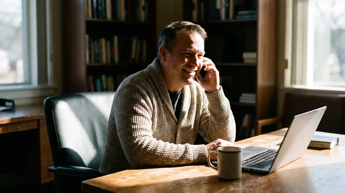 A pastor smiling during a phone call