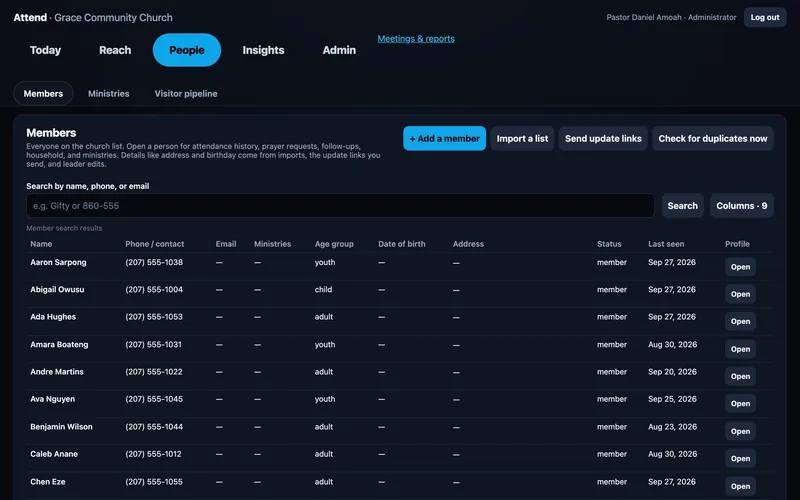 Attend's member directory with last seen dates