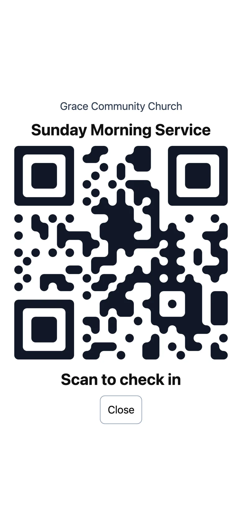 The usher's phone: Grace Community Church, Sunday Morning Service, a full-screen QR code and Scan to check in